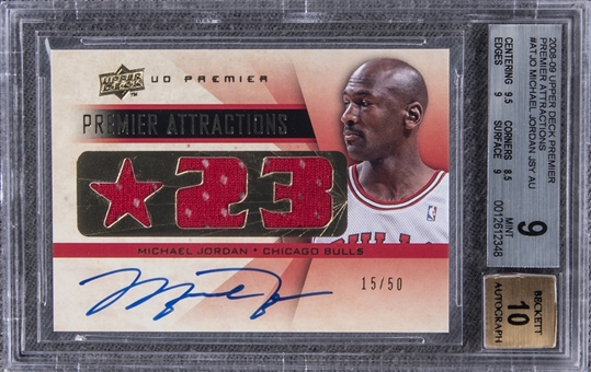 2008-09 UD Premier Attractions #AT-JO Michael Jordan Signed Patch Card (#15/50) - BGS MINT 9/BGS 10